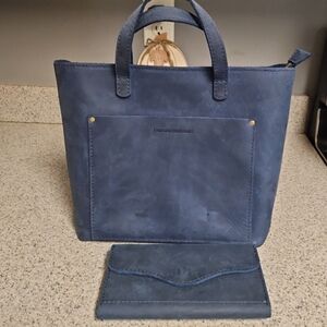 Portland Leather Goods Tote Bag Blue with Wallet Set Zipper Accent